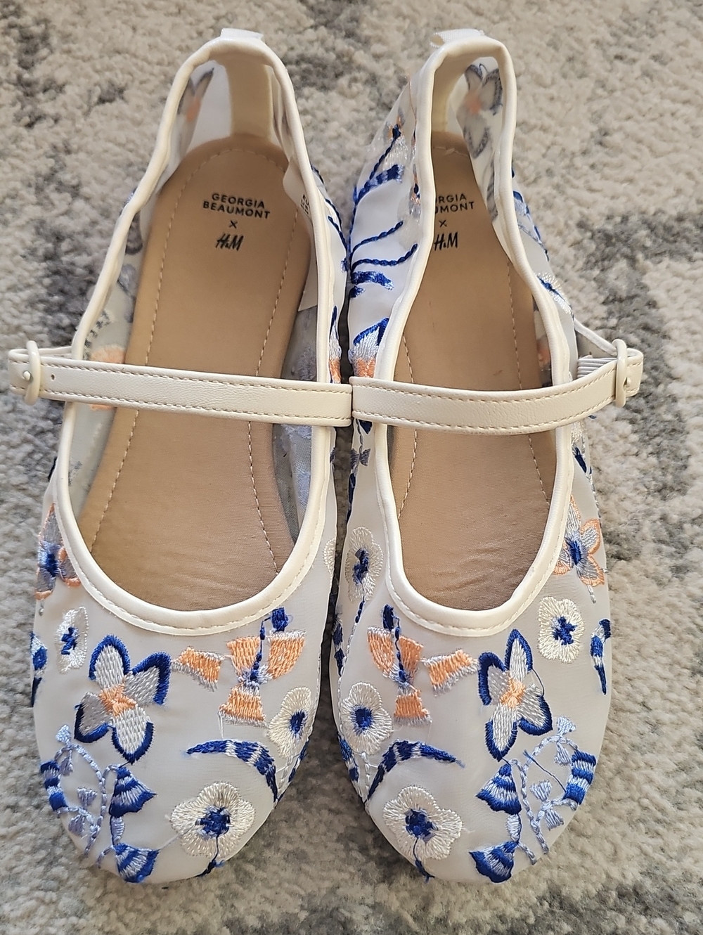 H&M White Mary Jane Flats with Blue and Peach Floral Embroidery